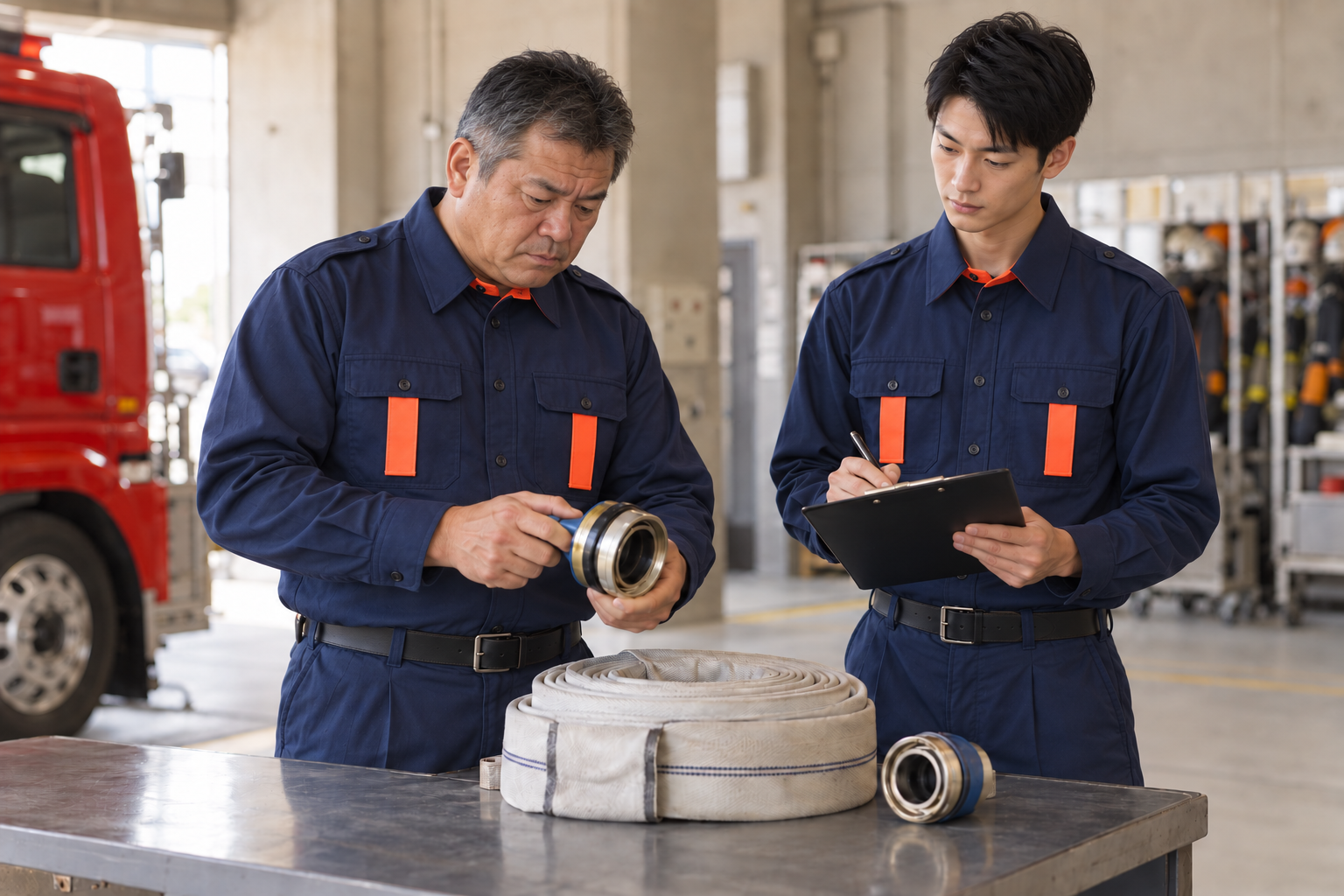消防活動服を着用し資機材を点検するイメージ