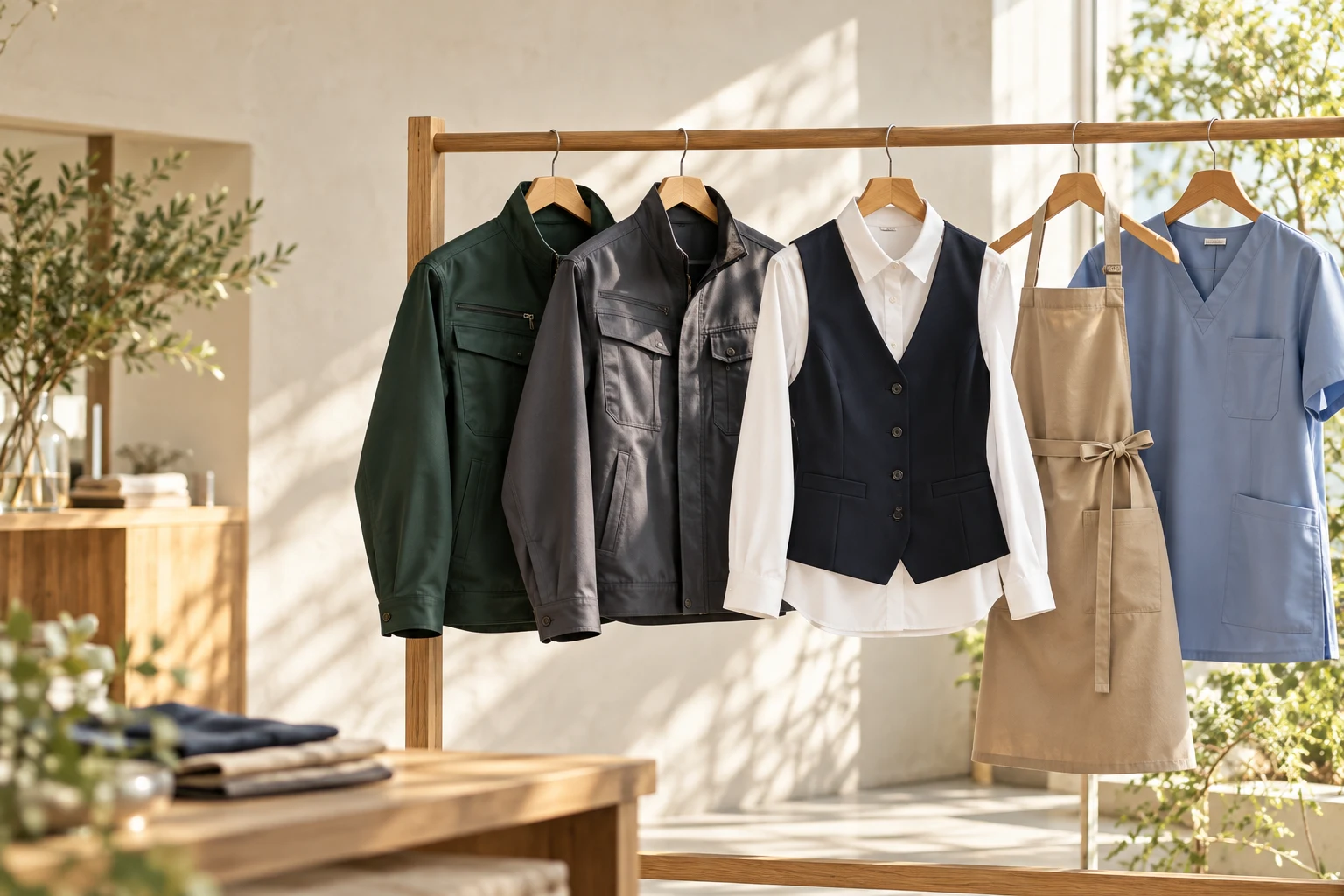 作業服・事務服・エプロン・医療用スクラブを並べたユニフォームのイメージ